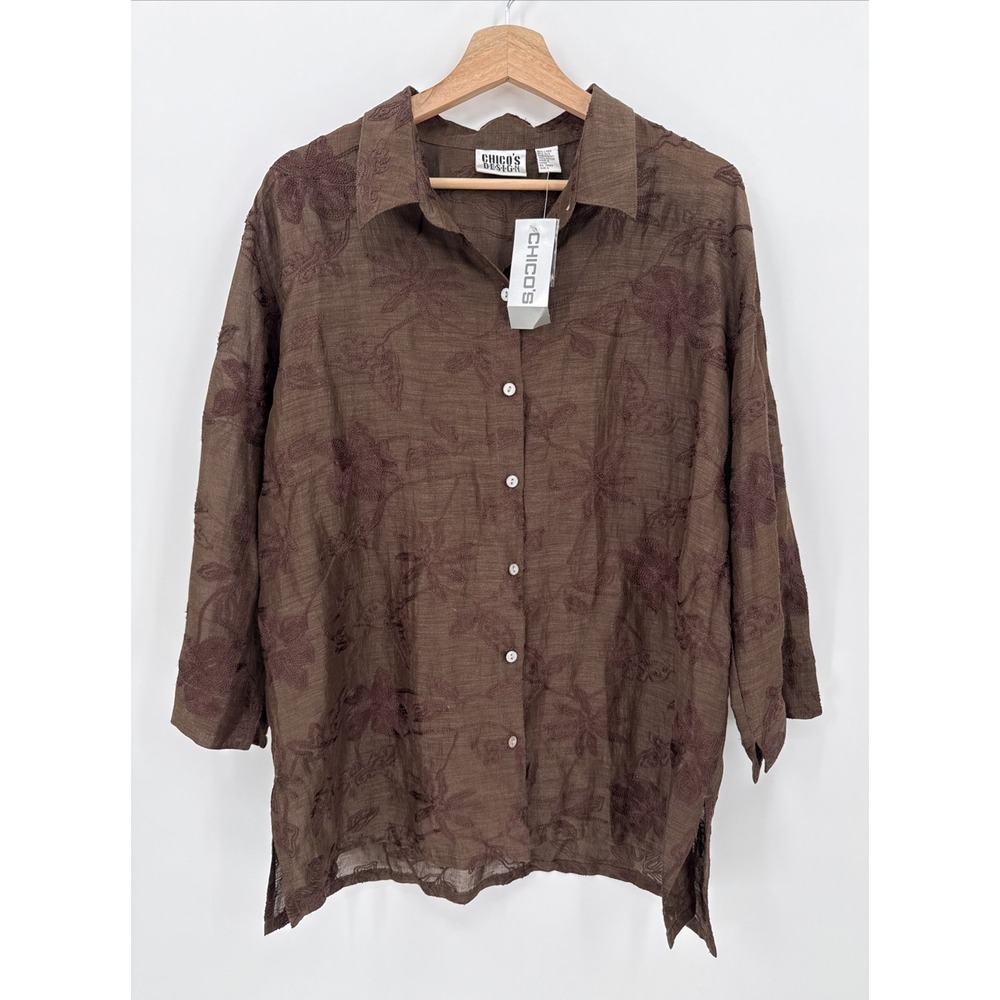 Vintage Chico's Linen Silk Brown Embroidered Sheer Floral Top Siz 3/XL Artsy